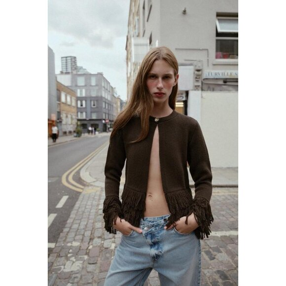 ZARA FRINGED KNIT CARDIGAN WITH BUTTON - Picture 2 of 9